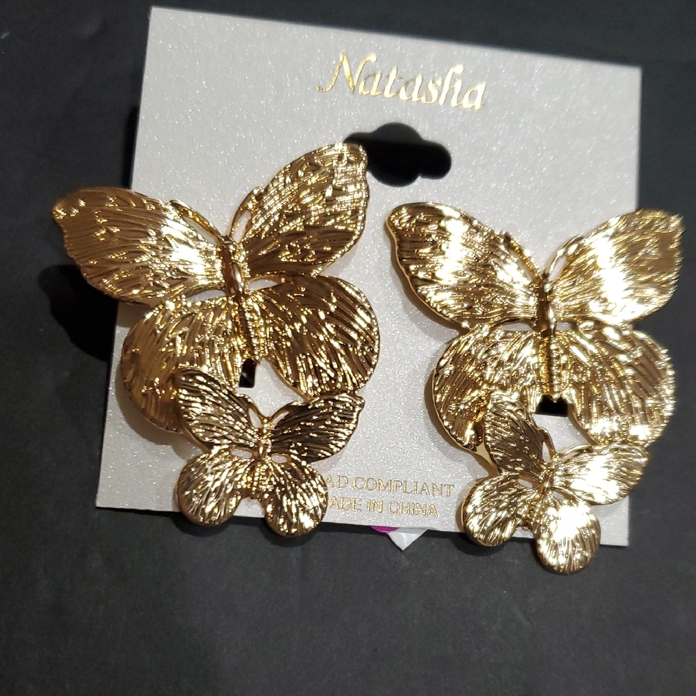 Natasha couture gold tone 2 stacked butterfly latchback earrings brand new